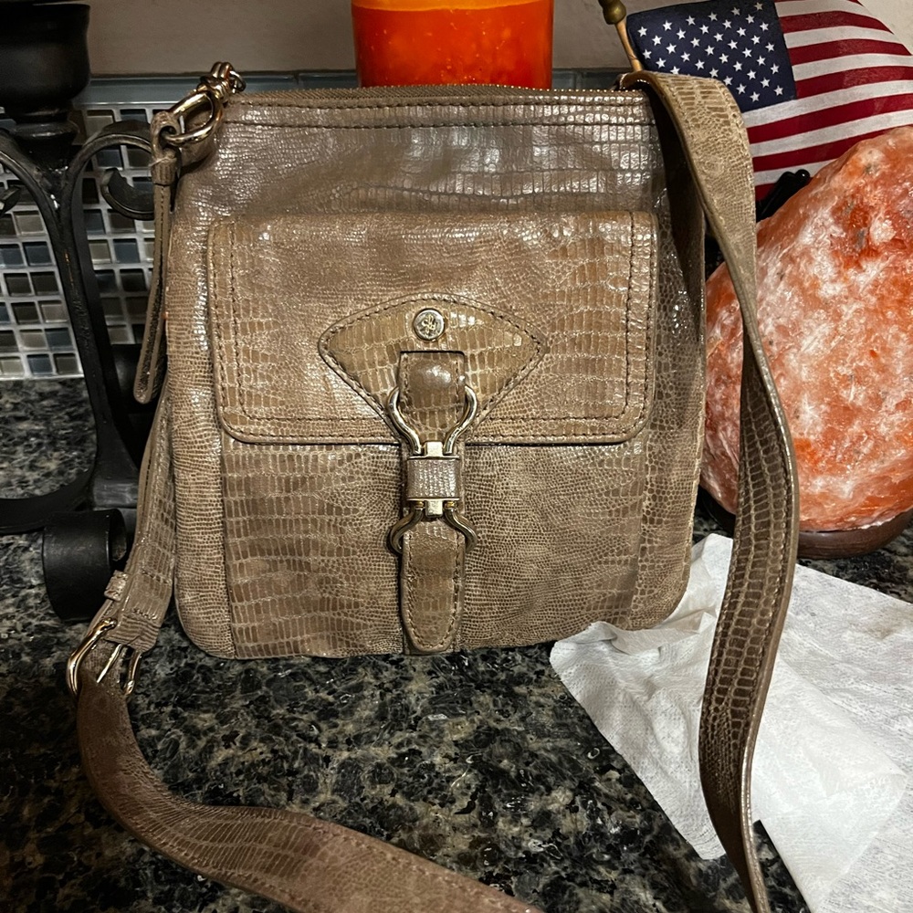 Cole Haan Taupe Croc-Embossed Leather Crossbody Bag